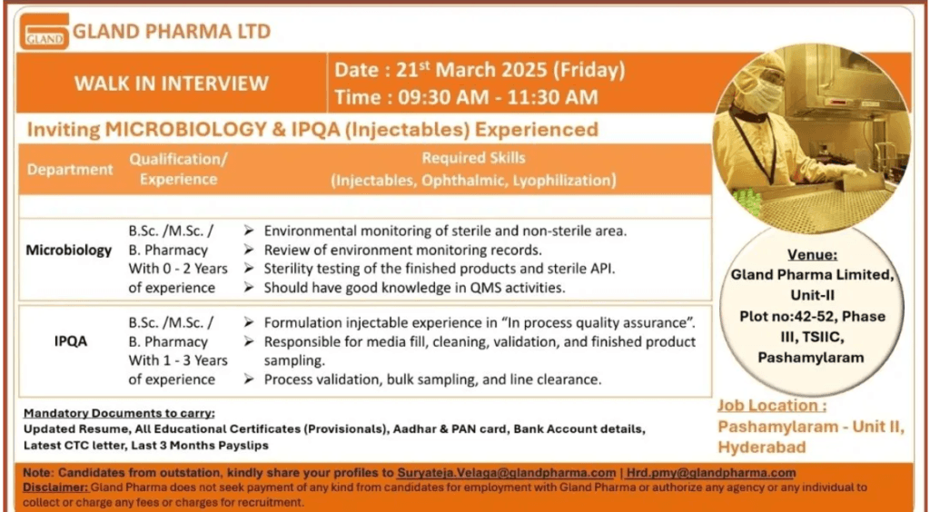 Gland Pharma Hiring Freshers for Microbiology & IPQA Positions Gland Pharma Hiring Freshers for Microbiology & IPQA Positions