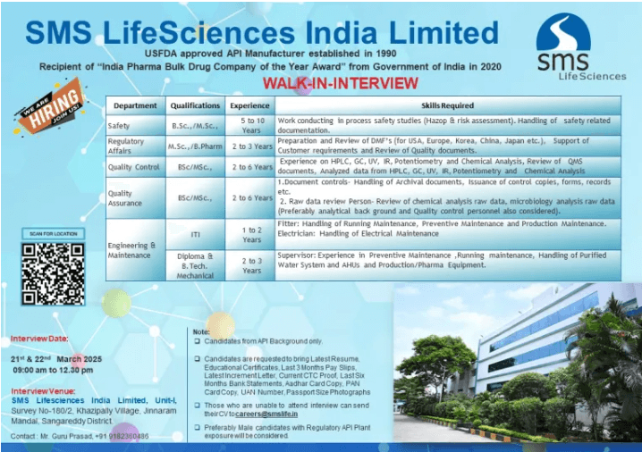 SMS Lifesciences Hiring for Regulatory Affairs, Quality Assurance, Quality Control, Safety, Engineering & Maintenance SMS Lifesciences Hiring for Regulatory Affairs, Quality Assurance, Quality Control, Safety, Engineering & Maintenance