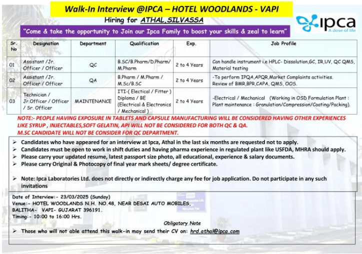 Job Opportunities at Ipca Laboratories Limited – Walk-In Interview for QA, QC, and Maintenance Roles Job Opportunities at Ipca Laboratories Limited – Walk-In Interview for QA, QC, and Maintenance Roles