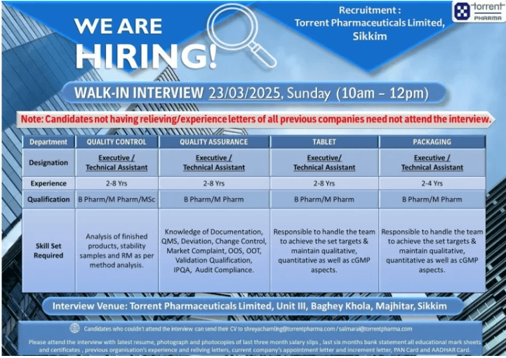 Torrent Pharmaceuticals Hiring For QA, QC, Tablet & Packaging Torrent Pharmaceuticals Hiring For QA, QC, Tablet & Packaging