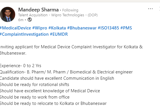 Wipro Hiring Freshers as Medical Device Complaint Investigators Wipro Hiring Freshers as Medical Device Complaint Investigators