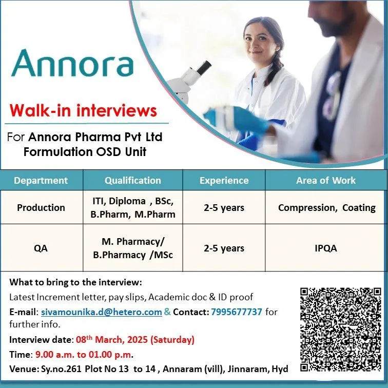 ANNORA Pharma Hiring for Quality Assurance / Production ANNORA Pharma Hiring for Quality Assurance / Production