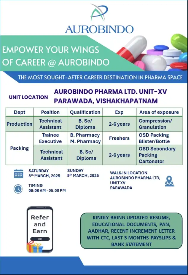 Aurobindo Pharma Hiring for Production / Packing Aurobindo Pharma Hiring for Production / Packing