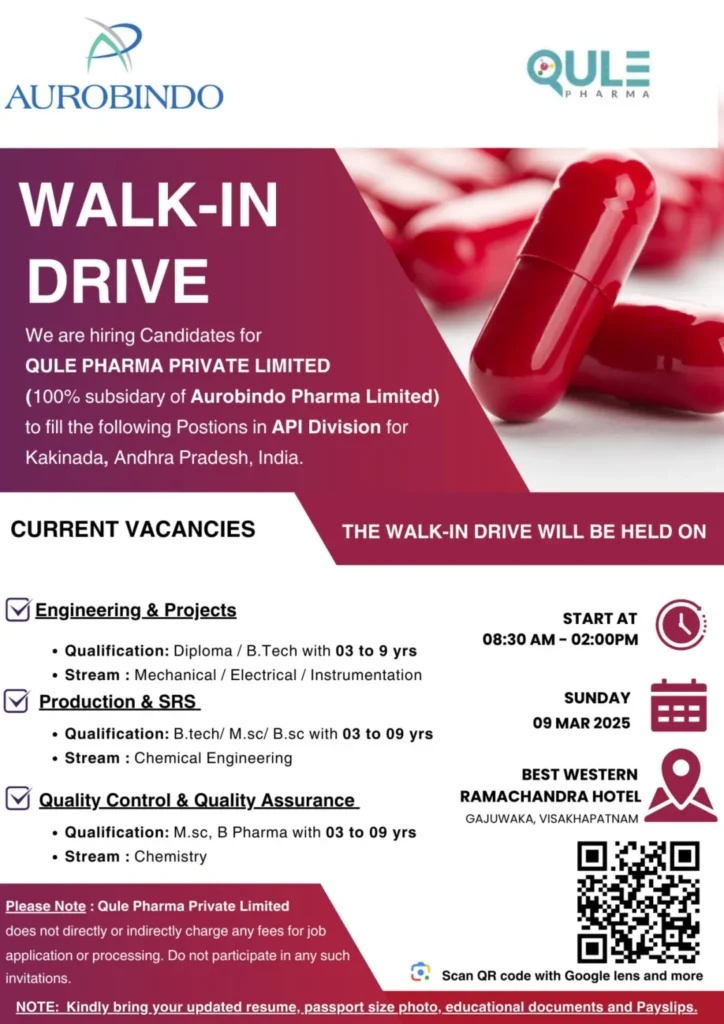 Qule Pharma (Aurobindo) Hiring for QA / QC / Production / SRS / Engineering / Projects Qule Pharma (Aurobindo) Hiring for QA / QC / Production / SRS / Engineering / Projects