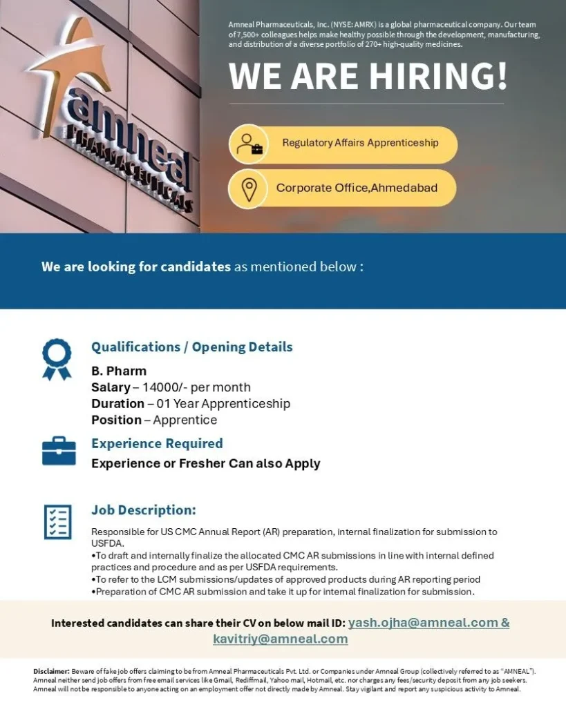 Amneal Pharma Hiring Freshers for Regulatory Affairs / Quality Amneal Pharma Hiring Freshers for Regulatory Affairs / Quality