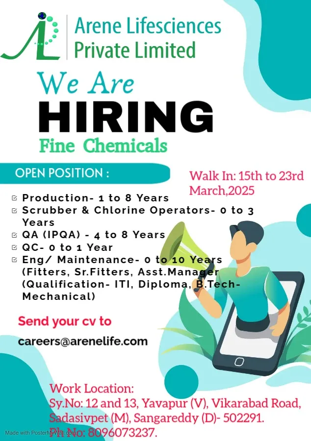 Arene Lifesciences Hiring Freshers & Experienced for QC / QA / Production / Engineering / Maintenance / Scrubber & Chlorine Operators Arene Lifesciences Hiring Freshers & Experienced for QC / QA / Production / Engineering / Maintenance / Scrubber & Chlorine Operators