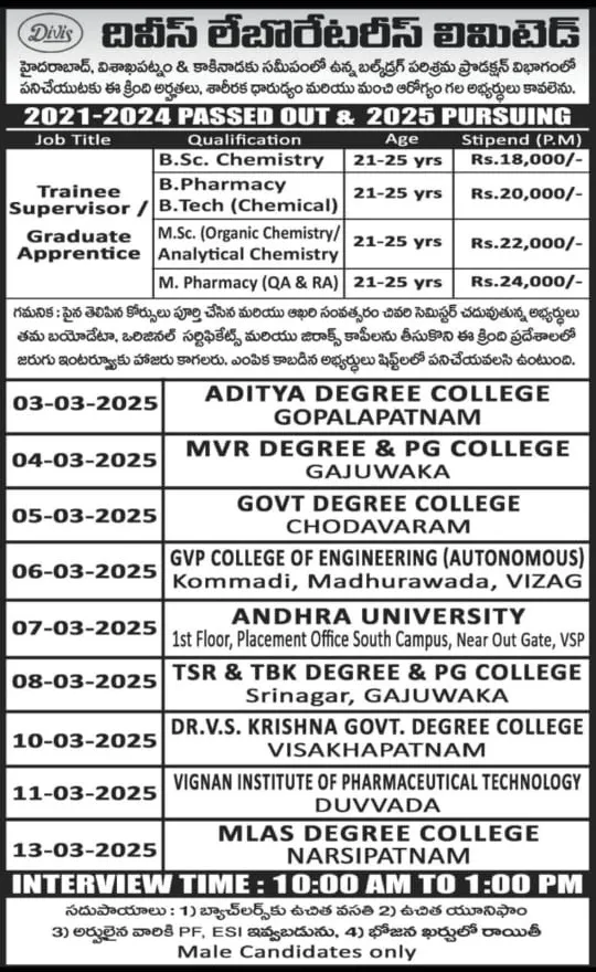 Divis Laboratories Hiring for FRESHERS in Production Divis Laboratories Hiring for FRESHERS in Production