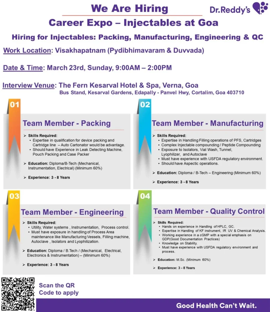 Dr. Reddy's Lab Hiring for Packing, Manufacturing, Engineering & QC Dr. Reddy's Lab Hiring for Packing, Manufacturing, Engineering & QC