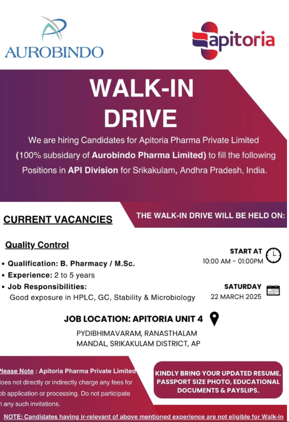 Apitoria Pharma Hiring B Pharm, Msc Candidates For Quality Control Apitoria Pharma Hiring B Pharm, Msc Candidates For Quality Control