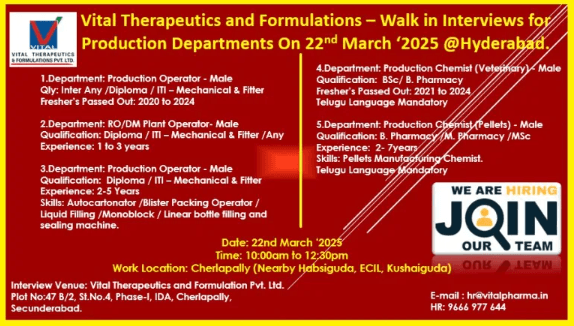 Vital Therapeutics Hiring ITI / Diploma / B.Sc / B.Pharm / Inter Freshers & Experienced Vital Therapeutics Hiring ITI / Diploma / B.Sc / B.Pharm / Inter Freshers & Experienced