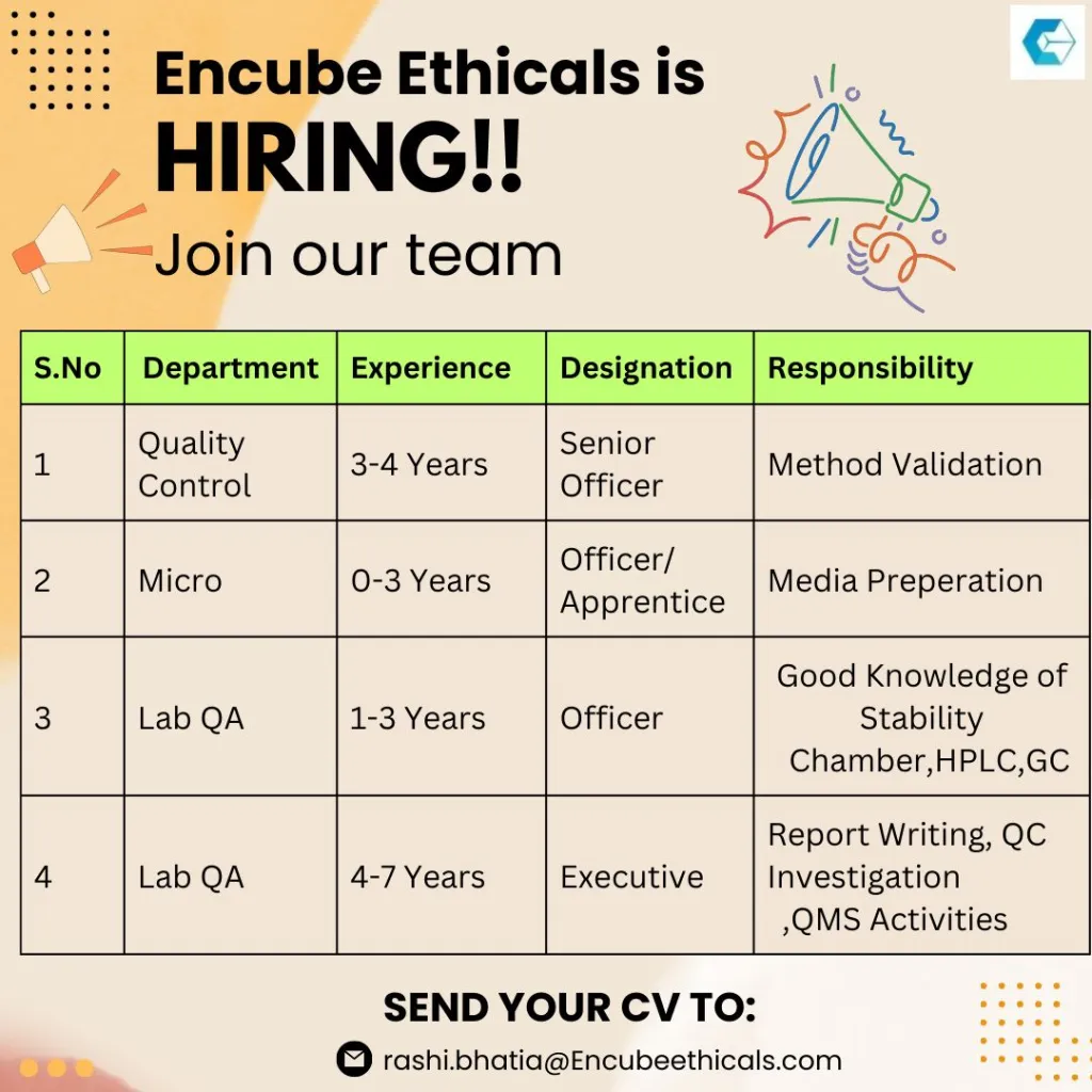 Encube Ethicals Hiring Freshers & Experienced for Quality Control / Micro / Lab QA Encube Ethicals Hiring Freshers & Experienced for Quality Control / Micro / Lab QA