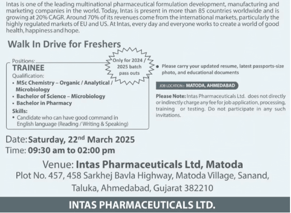 Intas Pharmaceuticals Hiring B.Pharm, Bsc, Msc Freshers Intas Pharmaceuticals Hiring B.Pharm, Bsc, Msc Freshers