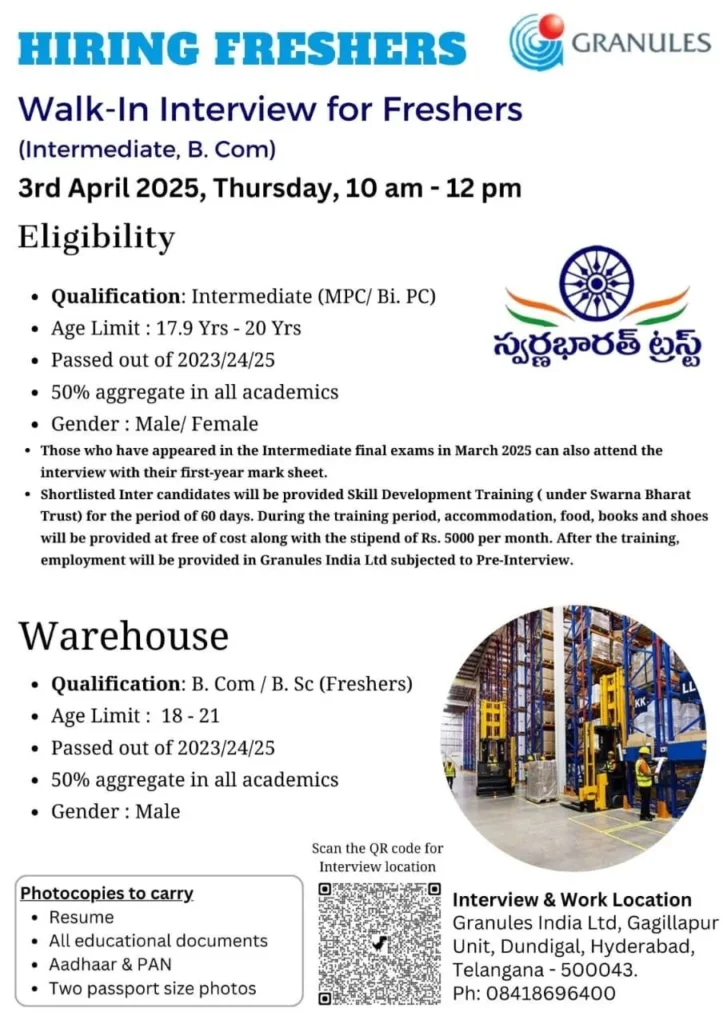 Granules India Hiring FRESHERS for Warehouse Positions Granules India Hiring FRESHERS for Warehouse Positions
