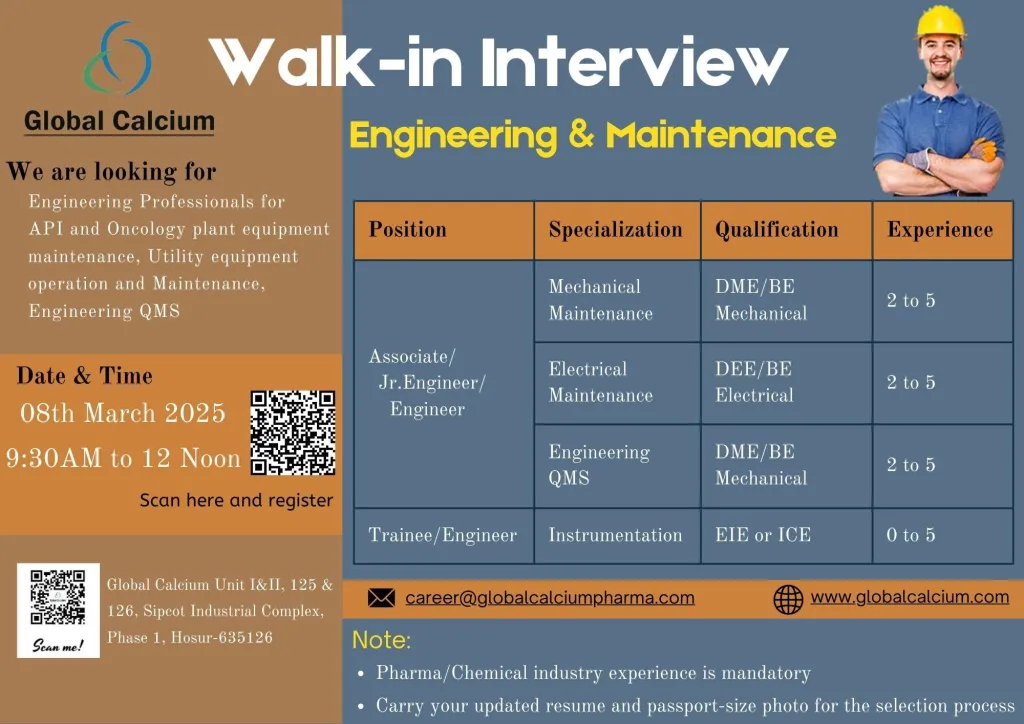 Global Calcium Hiring Freshers & Experienced for Engineering & Maintenance Global Calcium Hiring Freshers & Experienced for Engineering & Maintenance