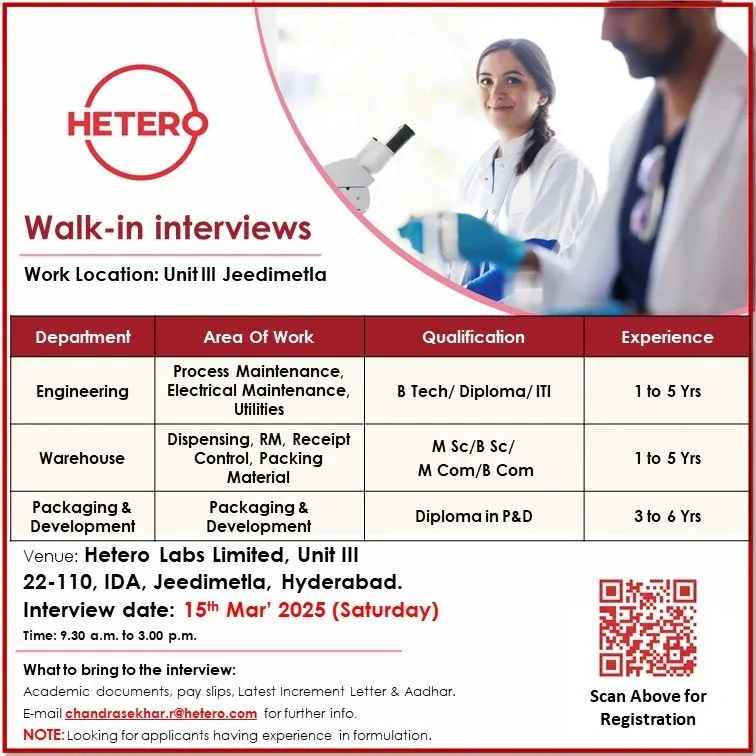 Hetero Labs Hiring for Engineering / Warehouse / Packaging & Development Hetero Labs Hiring for Engineering / Warehouse / Packaging & Development