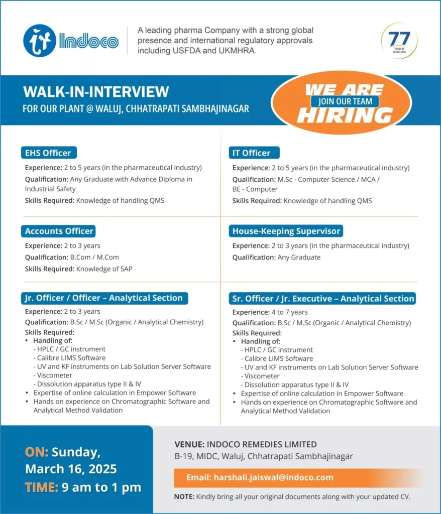 Indoco Remedies Hiring for Analytical Section / EHS / IT / Accounts / House Keeping Indoco Remedies Hiring for Analytical Section / EHS / IT / Accounts / House Keeping