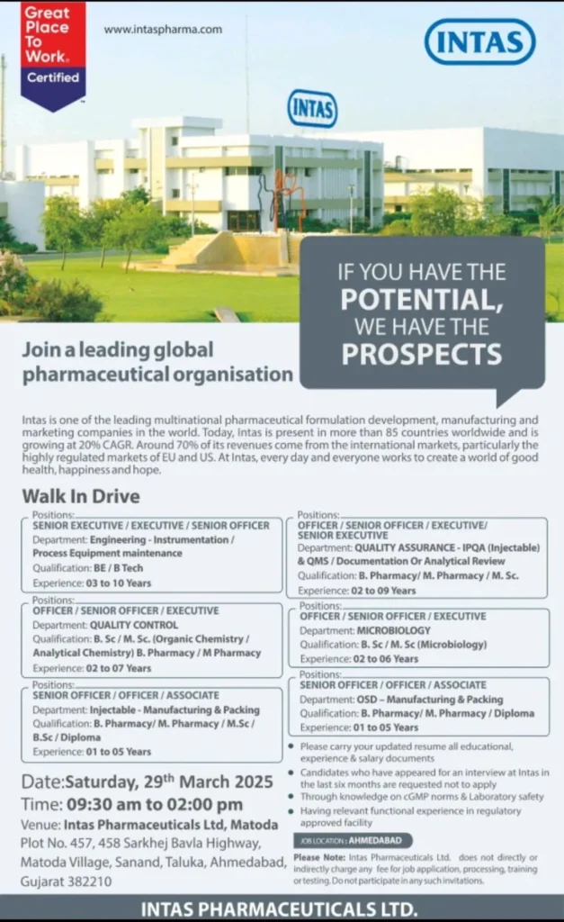 Intas Pharma Hiring for Manufacturing / Packing / QA / QC / Microbiology / Engineering Intas Pharma Hiring for Manufacturing / Packing / QA / QC / Microbiology / Engineering