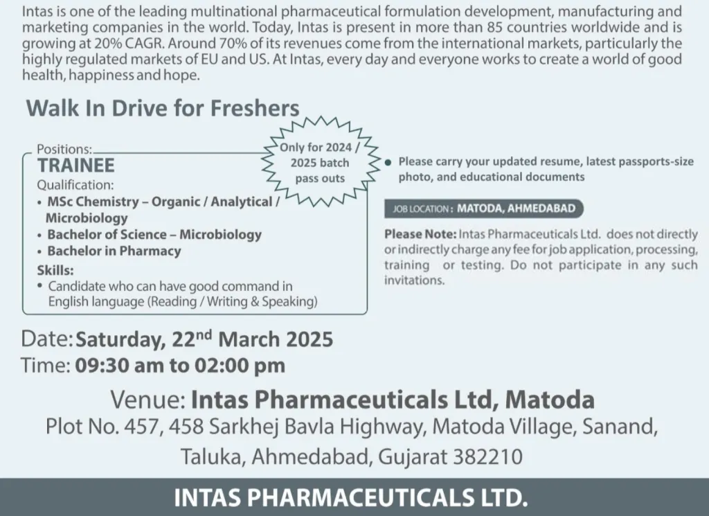 Intas Pharmaceuticals Hiring FRESHERS for Trainee Position Intas Pharmaceuticals Hiring FRESHERS for Trainee Position