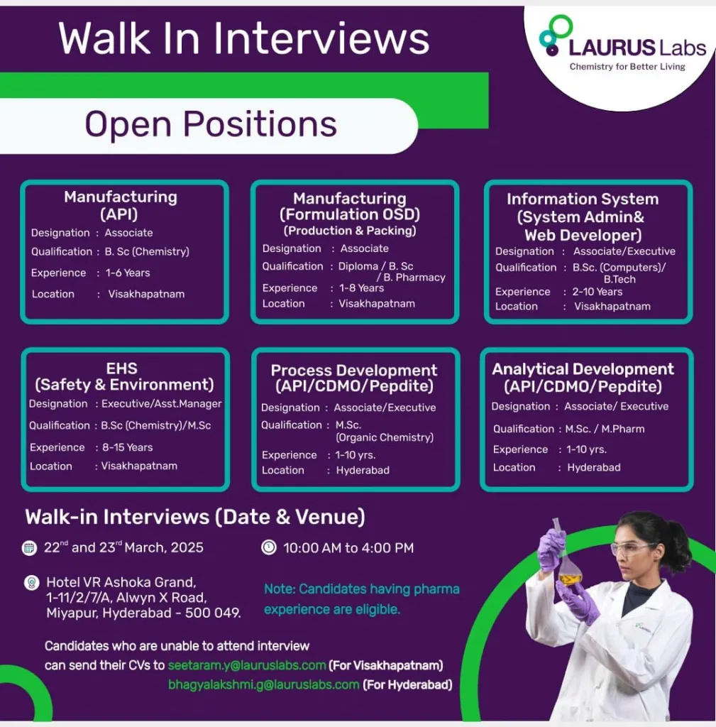 Laurus Labs Hiring for Manufacturing, Information Systems, EHS, Analytical & Process Development Laurus Labs Hiring for Manufacturing, Information Systems, EHS, Analytical & Process Development