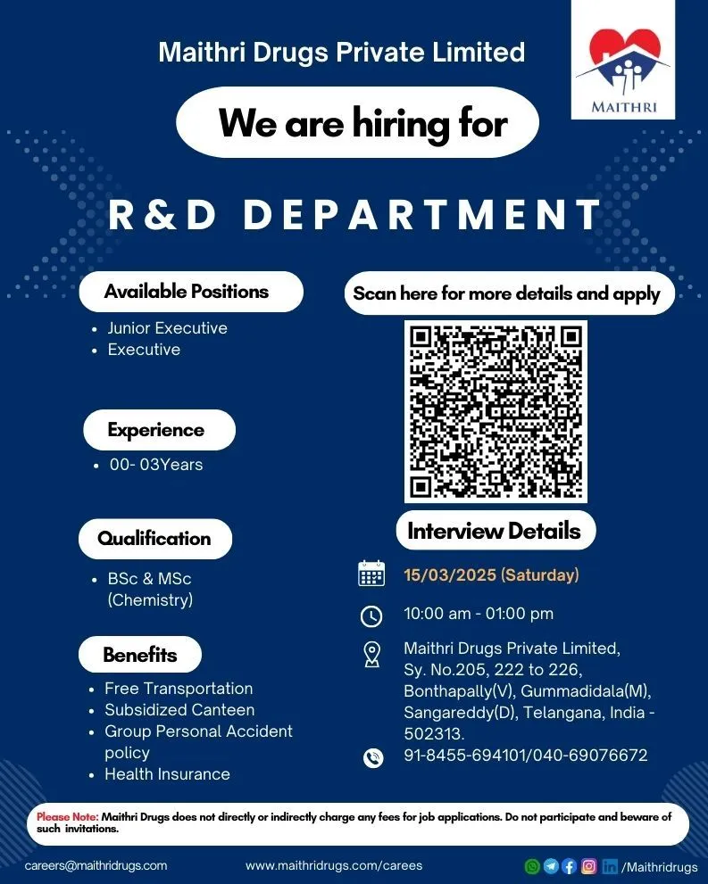 Maithri Drugs Hiring Freshers & Experienced for R&D - B.Sc & M.Sc Maithri Drugs Hiring Freshers & Experienced for R&D - B.Sc & M.Sc