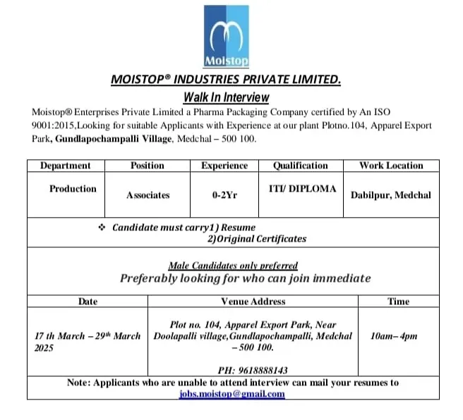 Moistop Enterprises Hiring Freshers & Experienced for Production Moistop Enterprises Hiring Freshers & Experienced for Production