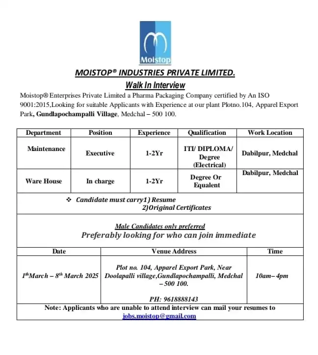 Moistop Enterprises Hiring for Maintenance / Warehouse Moistop Enterprises Hiring for Maintenance / Warehouse