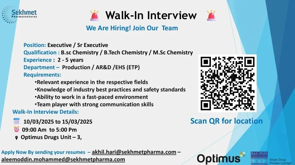 Optimus Drugs Hiring for Production / AR&D / EHS (ETP) Optimus Drugs Hiring for Production / AR&D / EHS (ETP)