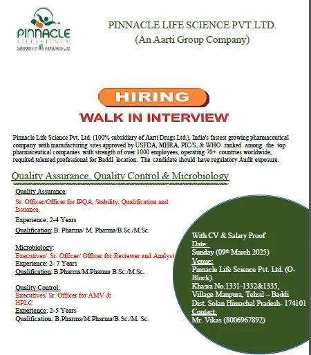 Pinnacle Life Science Hiring for Quality Assurance / Quality Control / Microbiology Pinnacle Life Science Hiring for Quality Assurance / Quality Control / Microbiology