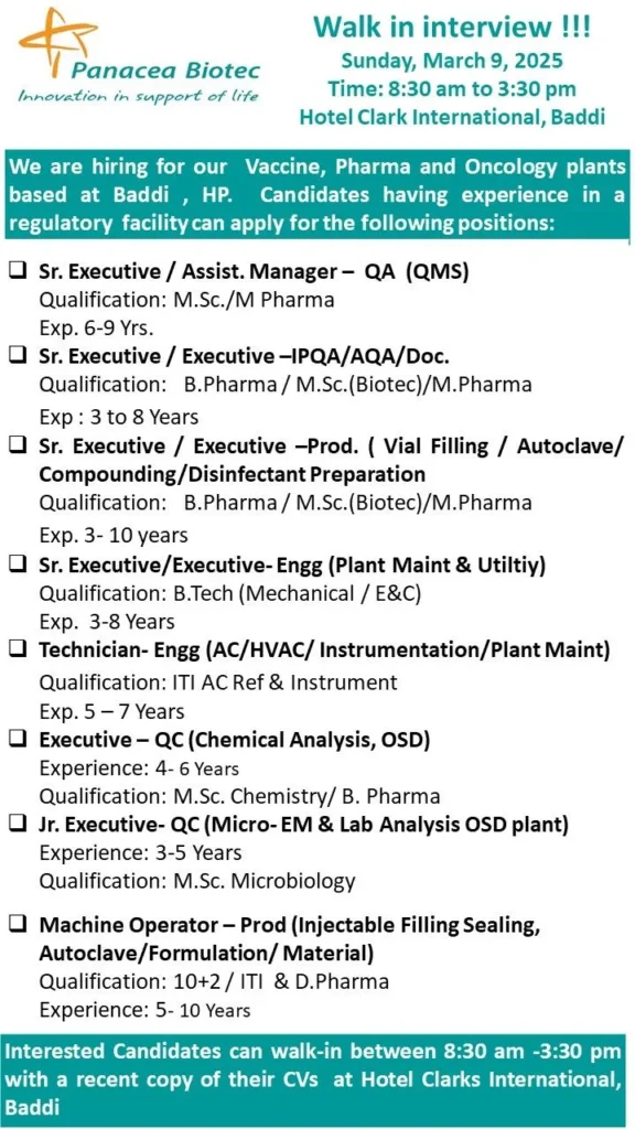 Panacea Biotec Hiring for Production / QA / IPQA / AQA / QC / Engineering Panacea Biotec Hiring for Production / QA / IPQA / AQA / QC / Engineering
