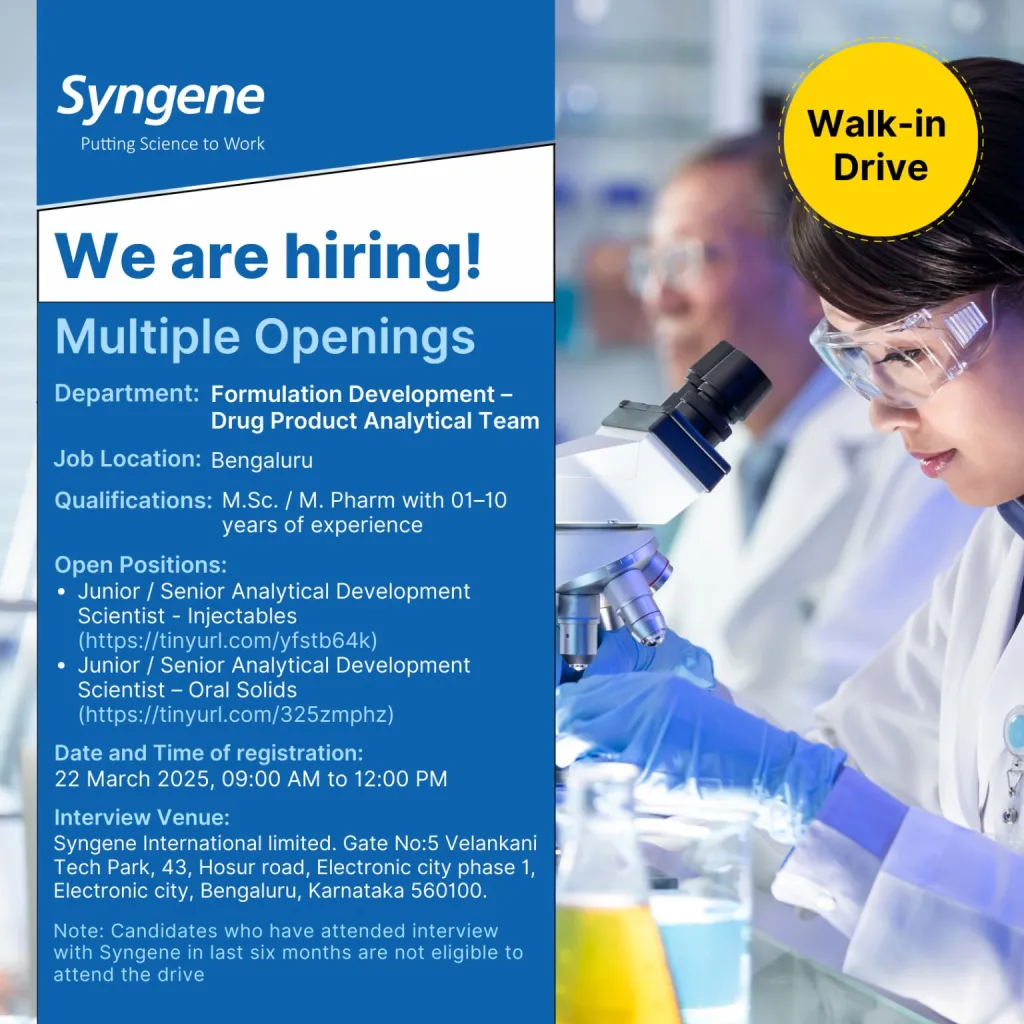Syngene International Hiring for FD – Drug Product Analytical/ Discovery Chemistry Syngene International Hiring for FD – Drug Product Analytical/ Discovery Chemistry