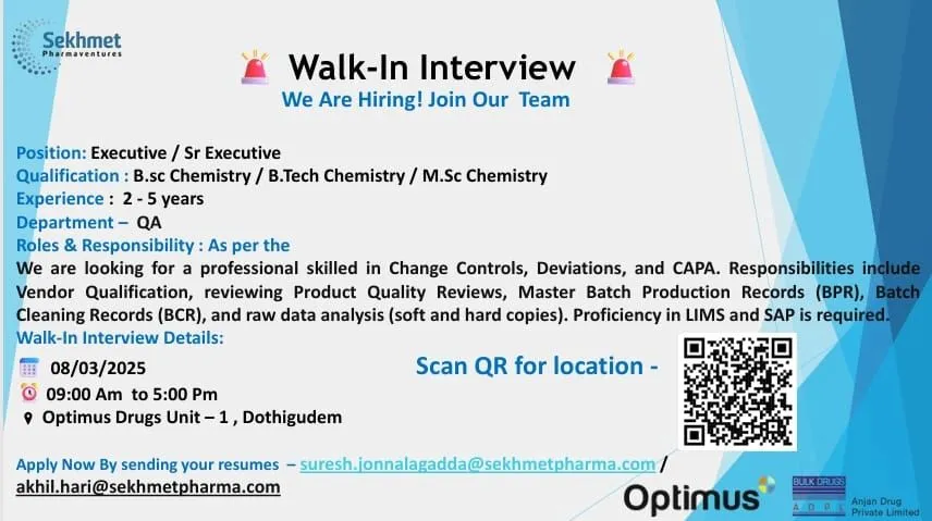 Optimus Drugs Hiring for Quality Assurance Roles - B.Sc, B.Tech, M.Sc Optimus Drugs Hiring for Quality Assurance Roles - B.Sc, B.Tech, M.Sc