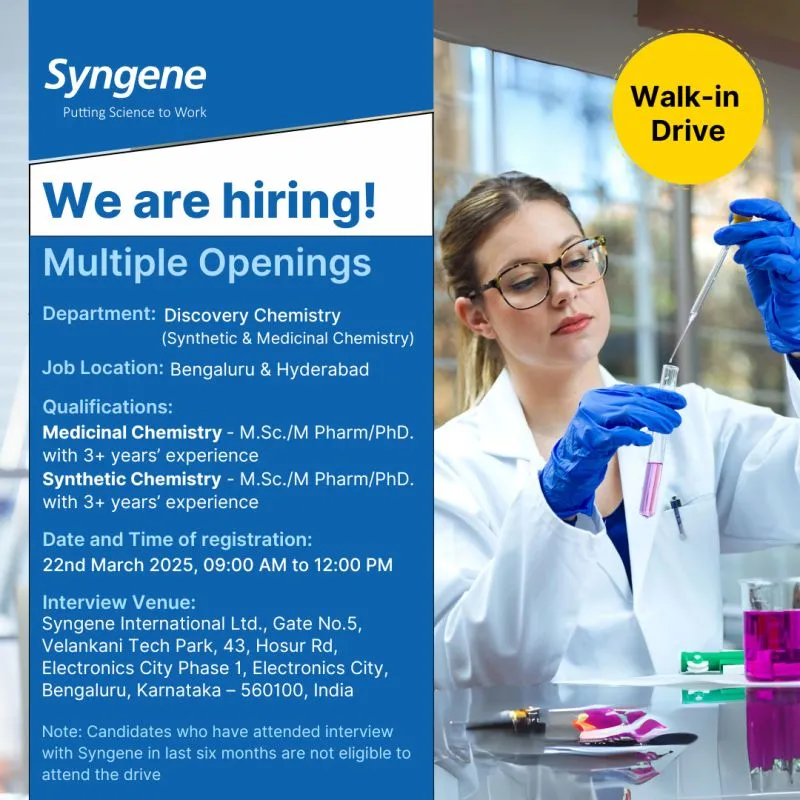 Syngene International Hiring for FD – Drug Product Analytical/ Discovery Chemistry Syngene International Hiring for FD – Drug Product Analytical/ Discovery Chemistry