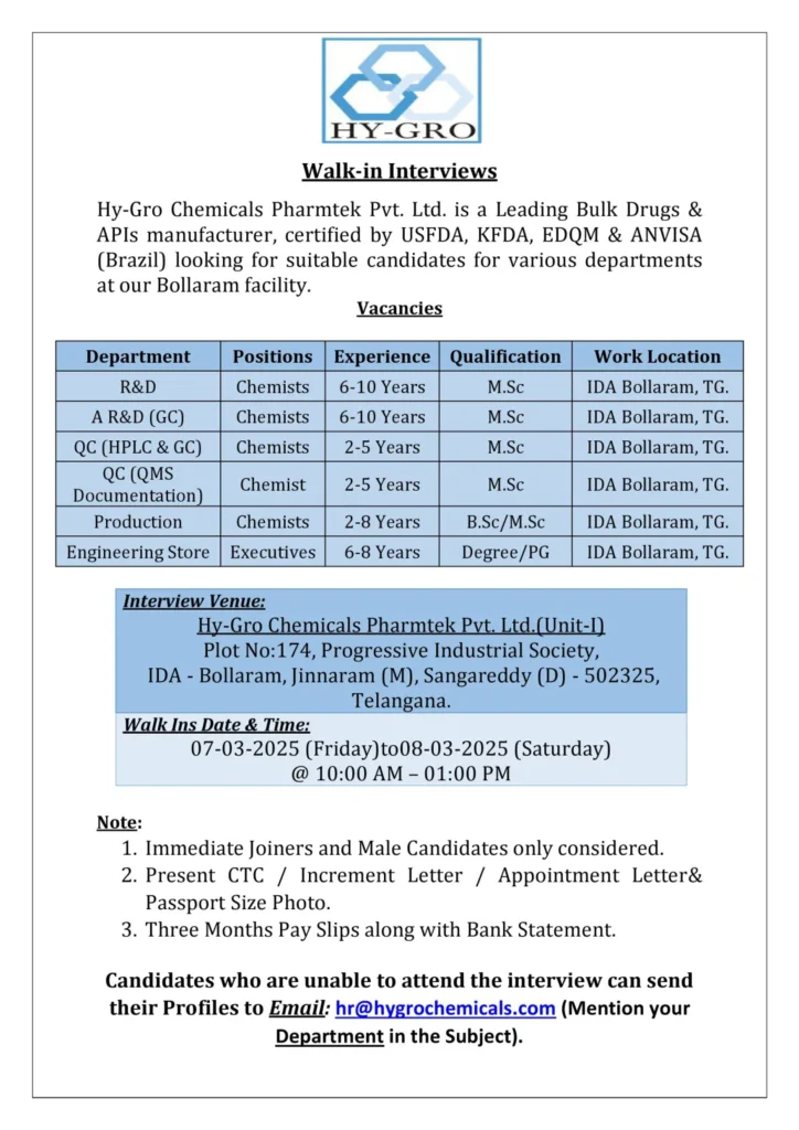 HY-GRO Chemicals Hiring for AR&D / R&D / Production / QC / Engineering Store HY-GRO Chemicals Hiring for AR&D / R&D / Production / QC / Engineering Store