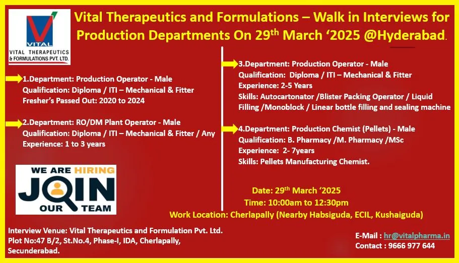 Vital Therapeutics Hiring Freshers & Experienced for Production / RO/ DM Plant Operator Vital Therapeutics Hiring Freshers & Experienced for Production / RO/ DM Plant Operator