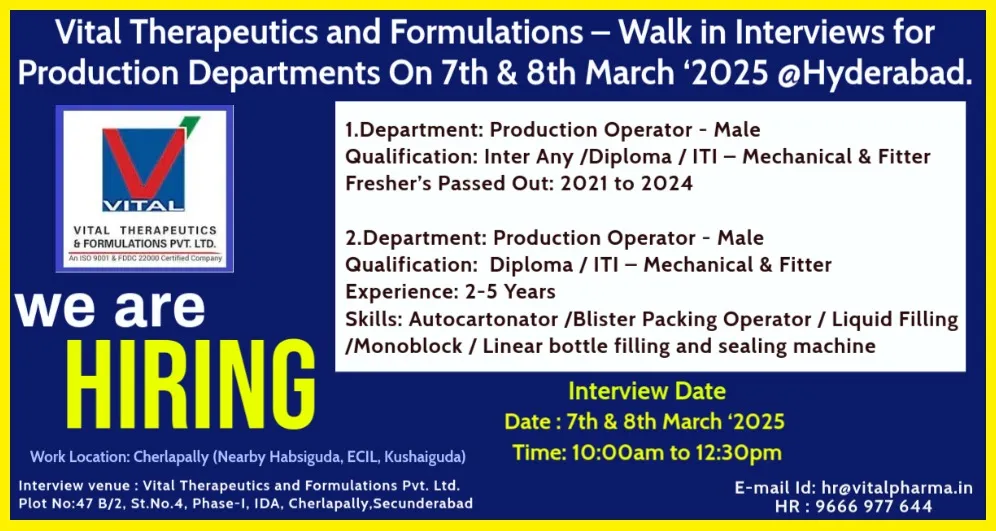 Vital Therapeutics Hiring Freshers & Experienced for Production Operator Vital Therapeutics Hiring Freshers & Experienced for Production Operator