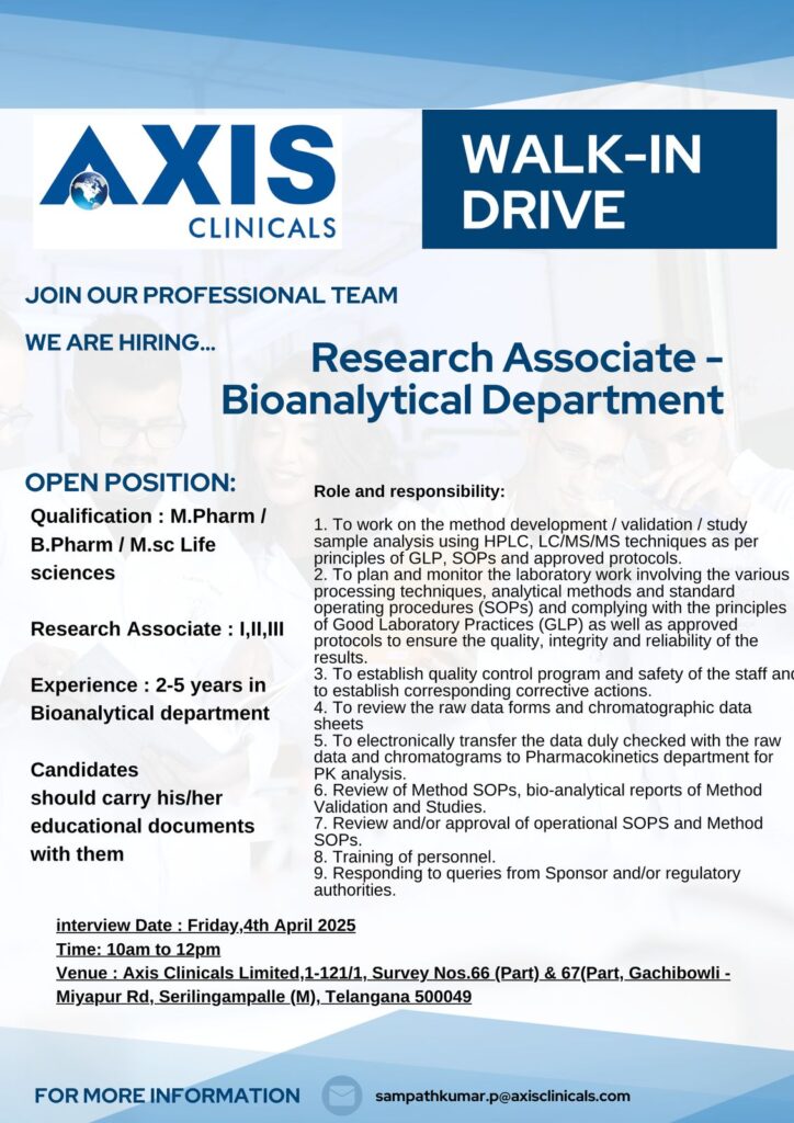 Axis Clinicals Walk-In Drive 2025: Hiring for Bioanalytical & Clinical Pharmacology Departments Axis Clinicals Walk-In Drive 2025: Hiring for Bioanalytical & Clinical Pharmacology Departments