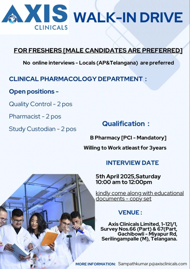 Axis Clinicals Walk-In Drive 2025: Hiring for Bioanalytical & Clinical Pharmacology Departments Axis Clinicals Walk-In Drive 2025: Hiring for Bioanalytical & Clinical Pharmacology Departments