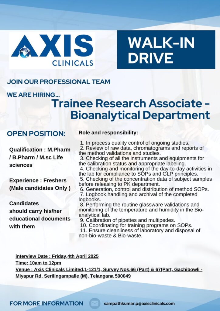 Axis Clinicals Walk-In Drive 2025: Hiring for Bioanalytical & Clinical Pharmacology Departments Axis Clinicals Walk-In Drive 2025: Hiring for Bioanalytical & Clinical Pharmacology Departments