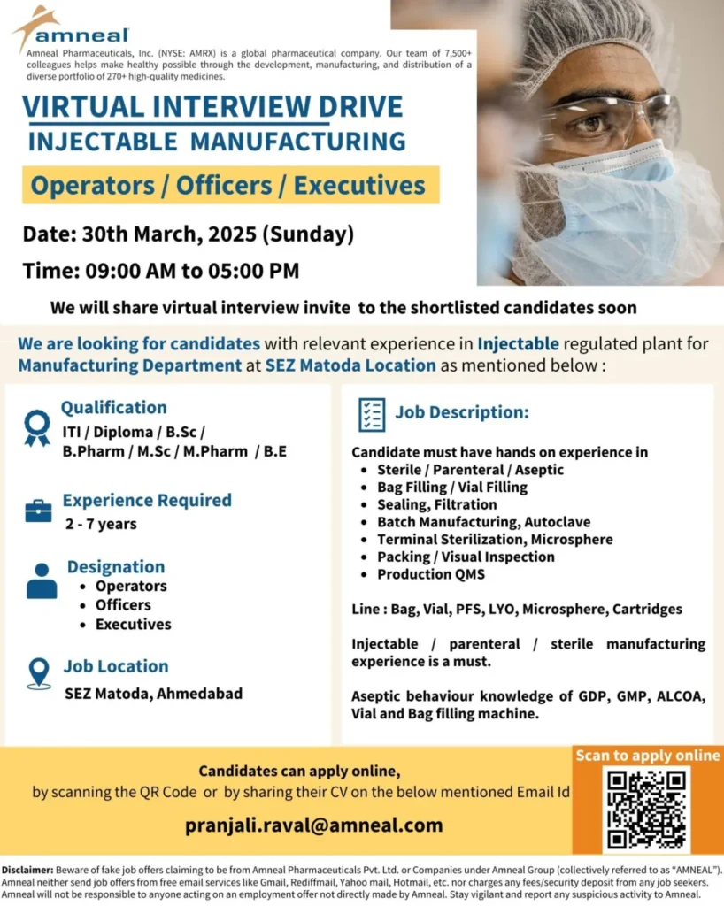 Amneal Pharmaceuticals: Online Interview Drive for Manufacturing Positions Amneal Pharmaceuticals: Online Interview Drive for Manufacturing Positions