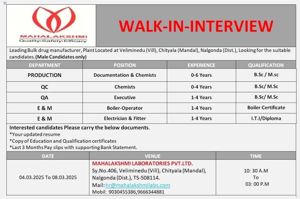 Mahalakshmi Laboratories Hiring Freshers & Experienced for Production / QC / QA / Engineering & Maintenance Mahalakshmi Laboratories Hiring Freshers & Experienced for Production / QC / QA / Engineering & Maintenance