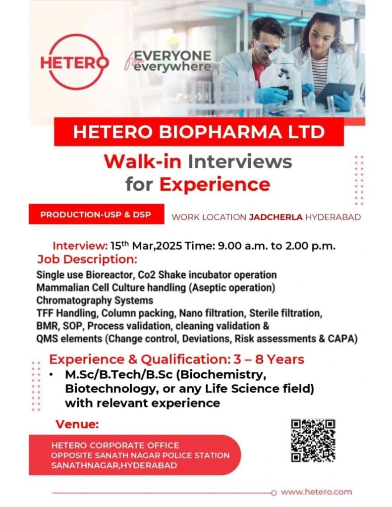 Hetero Biopharma Hiring Freshers for Production - ITI, Diploma, B.Sc, M.Sc Hetero Biopharma Hiring Freshers for Production - ITI, Diploma, B.Sc, M.Sc