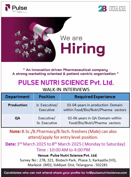 Pulse Nutri Science Hiring Freshers & Experienced for Production and Quality Assurance (QA) Pulse Nutri Science Hiring Freshers & Experienced for Production and Quality Assurance (QA)