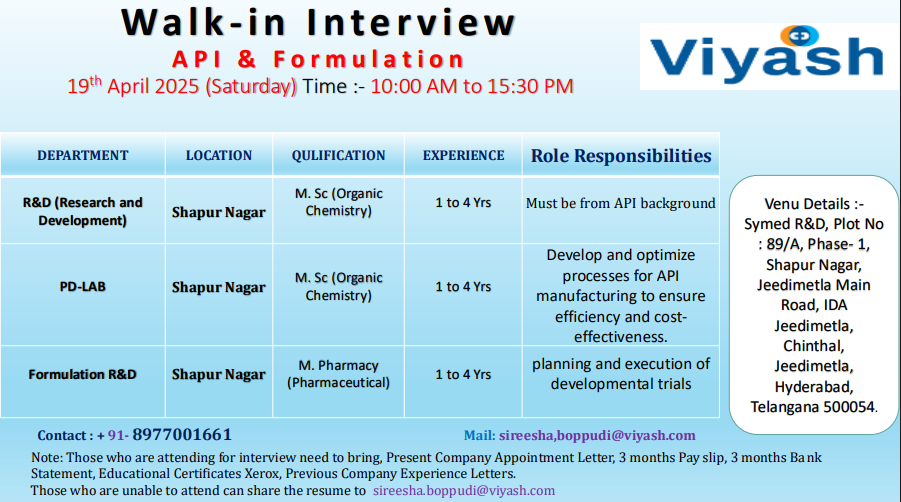 Viyash Life Sciences Hiring for R&D/ PD-LAB/ Formulation R&D Viyash Life Sciences Hiring for R&D/ PD-LAB/ Formulation R&D