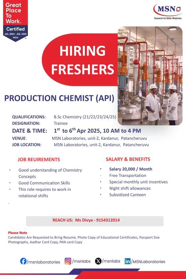 MSN Laboratories Hiring Fresher & Experienced for Production MSN Laboratories Hiring Fresher & Experienced for Production