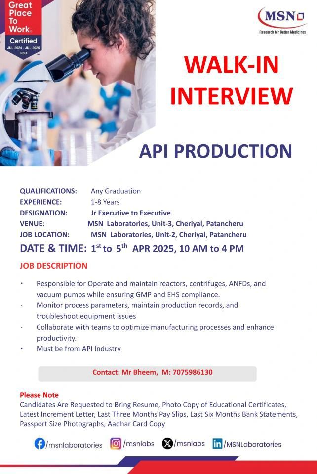 MSN Laboratories Hiring Fresher & Experienced for Production MSN Laboratories Hiring Fresher & Experienced for Production