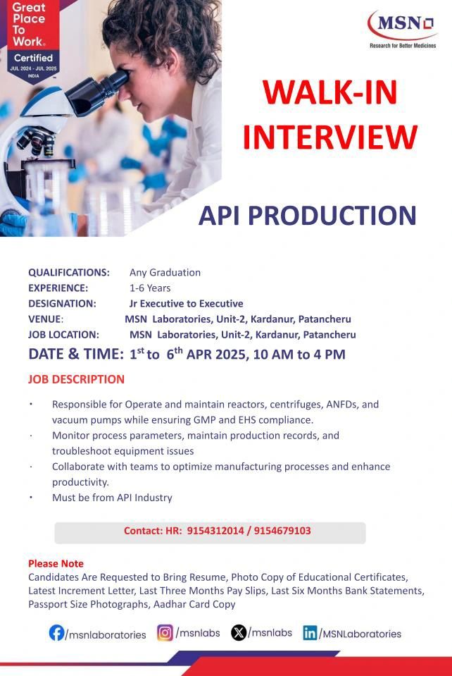 MSN Laboratories Hiring Fresher & Experienced for Production MSN Laboratories Hiring Fresher & Experienced for Production