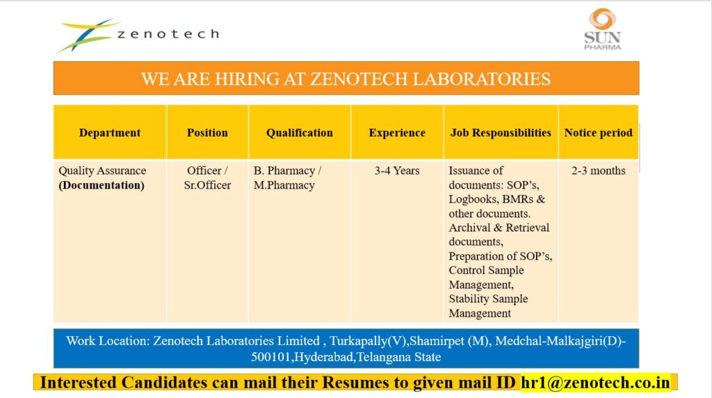 Zenotech Laboratories Hiring for Quality Assurance - B. Pharm, M. Pharm Zenotech Laboratories Hiring for Quality Assurance - B. Pharm, M. Pharm