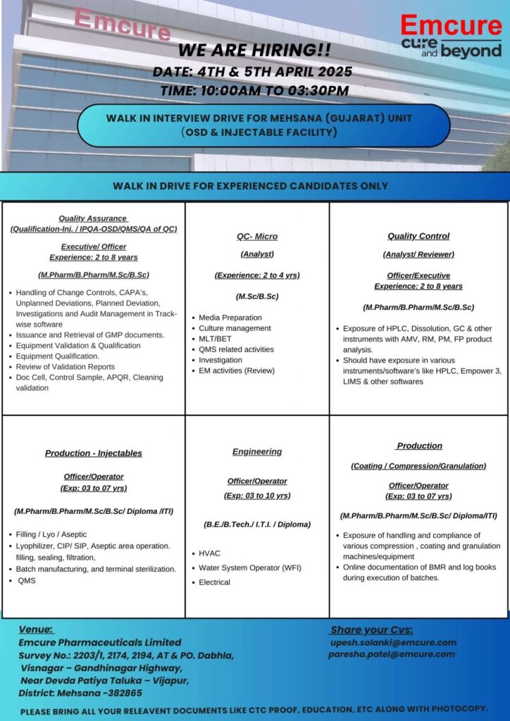 Emcure Pharmaceuticals Hiring for Production/ QA/ QC/ QC-Micro/ Engineering Emcure Pharmaceuticals Hiring for Production/ QA/ QC/ QC-Micro/ Engineering