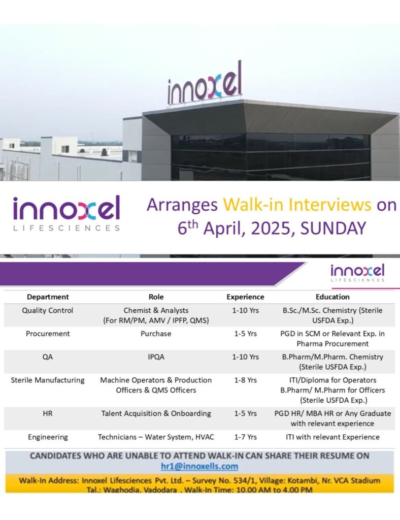 Innoxel Lifesciences Hiring for QA/ QC/ Procurement/ Manufacturing/ HR/ Engineering - April 6th Innoxel Lifesciences Hiring for QA/ QC/ Procurement/ Manufacturing/ HR/ Engineering - April 6th