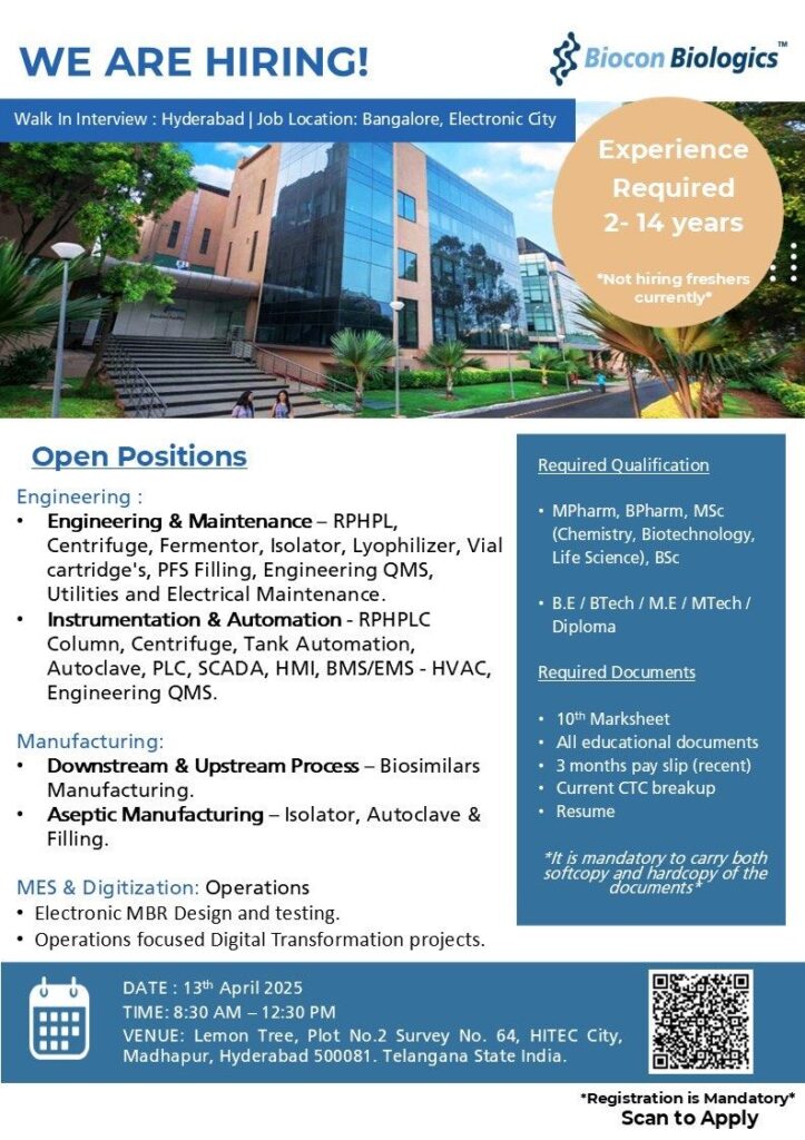 Biocon Biologics Hiring for Engineering / Manufacturing / MES & Digitization Biocon Biologics Hiring for Engineering / Manufacturing / MES & Digitization
